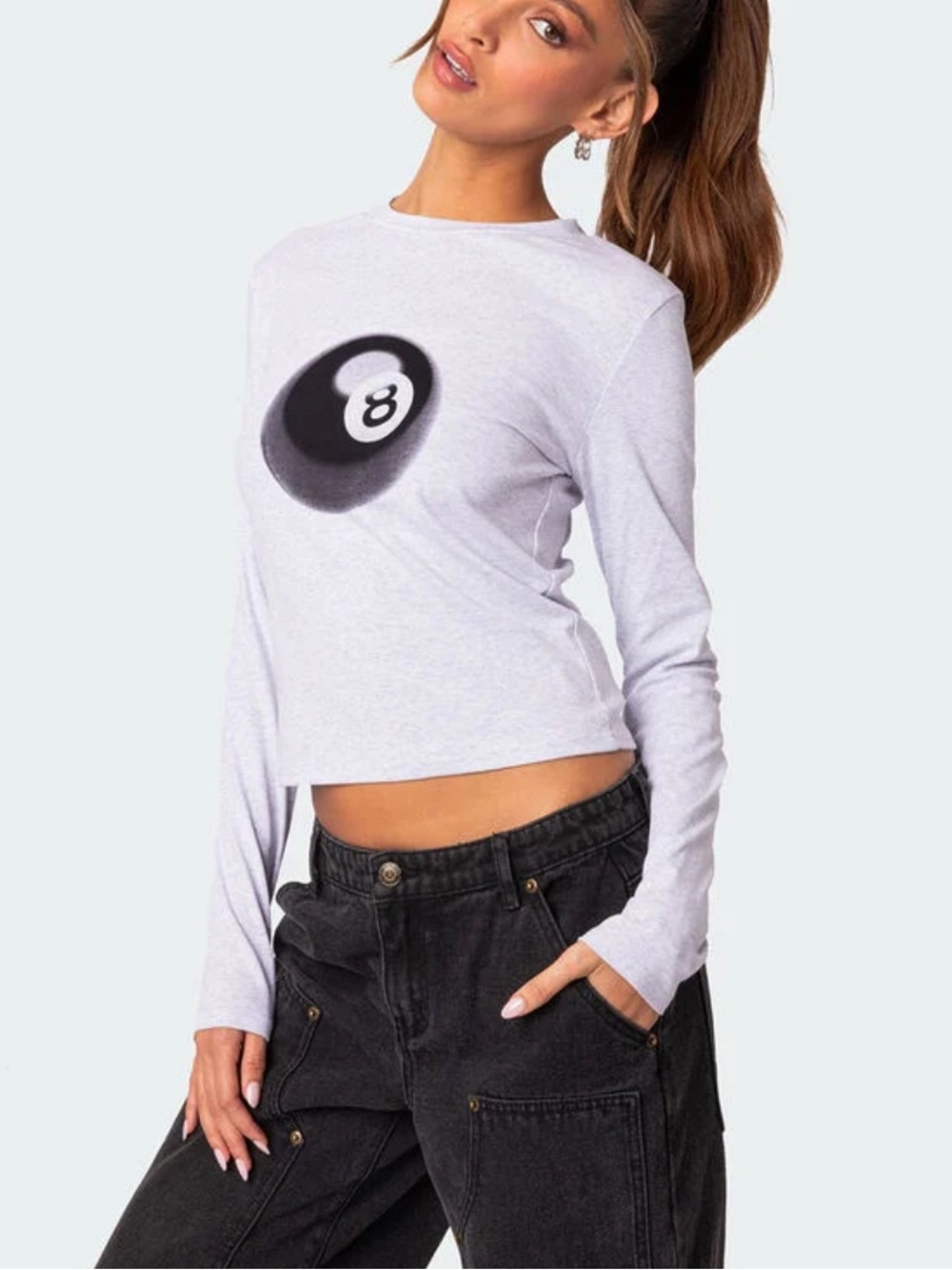Edikted White Long Sleeve Tee with Black 8-Ball Graphic